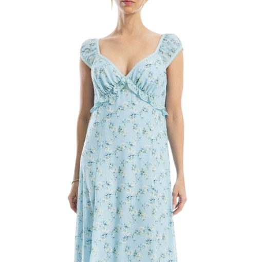 Light blue, floral print maxi dress with cap sleeves, a sweetheart neckline, and an empire waist, offering a feminine and flowy silhouette.