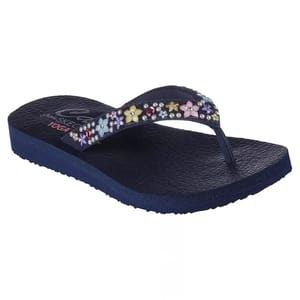 Navy flip-flop sandal with a comfortable textured sole and a strap adorned with multicolored floral and pearl embellishments.