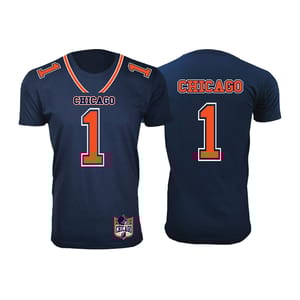 Dark blue football jerseys with the word \“CHICAGO\“ and the number 1 in orange and white colors, featuring a v-neck and stripe accents on the sleeves.