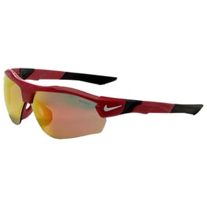 Red and black half-rim sports sunglasses with reflective orange-tinted lenses and a Nike logo on the side.