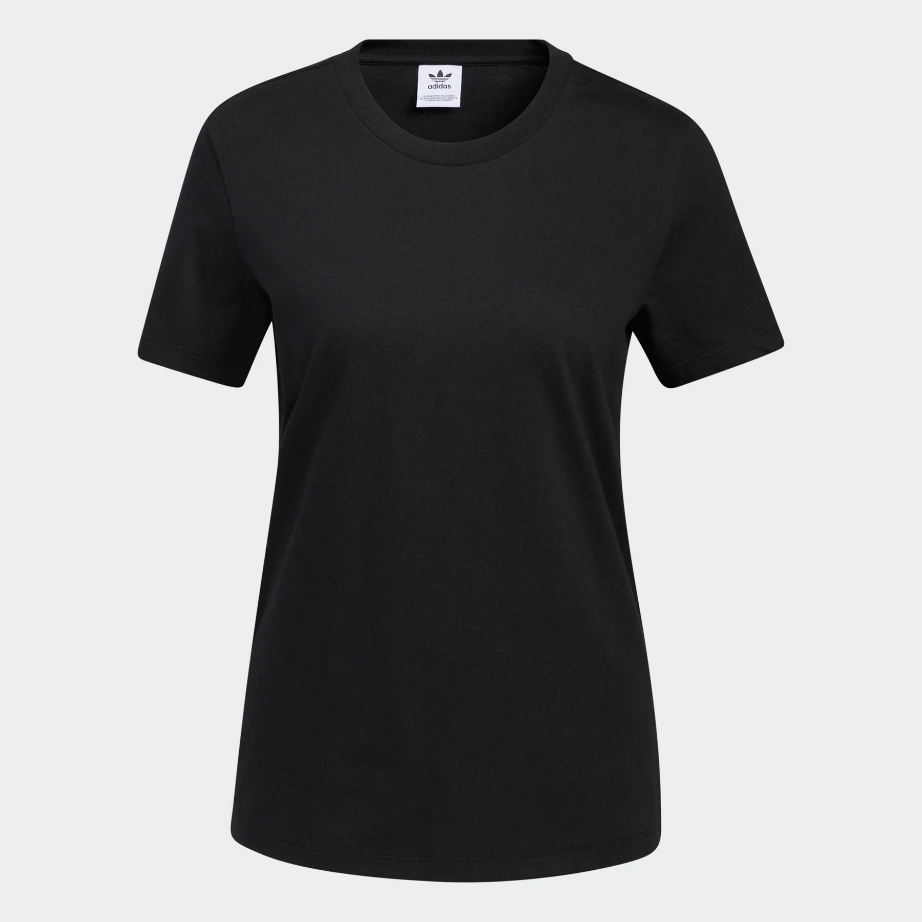 A black short-sleeved Adidas t-shirt with a crew neck.