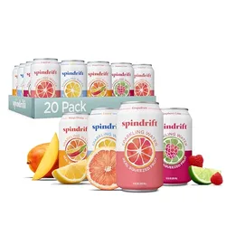 Spindrift Sparkling Water 20-pack featuring flavors like Mango Orange, Lemon, Grapefruit, and Raspberry Lime, each made with real squeezed fruit.