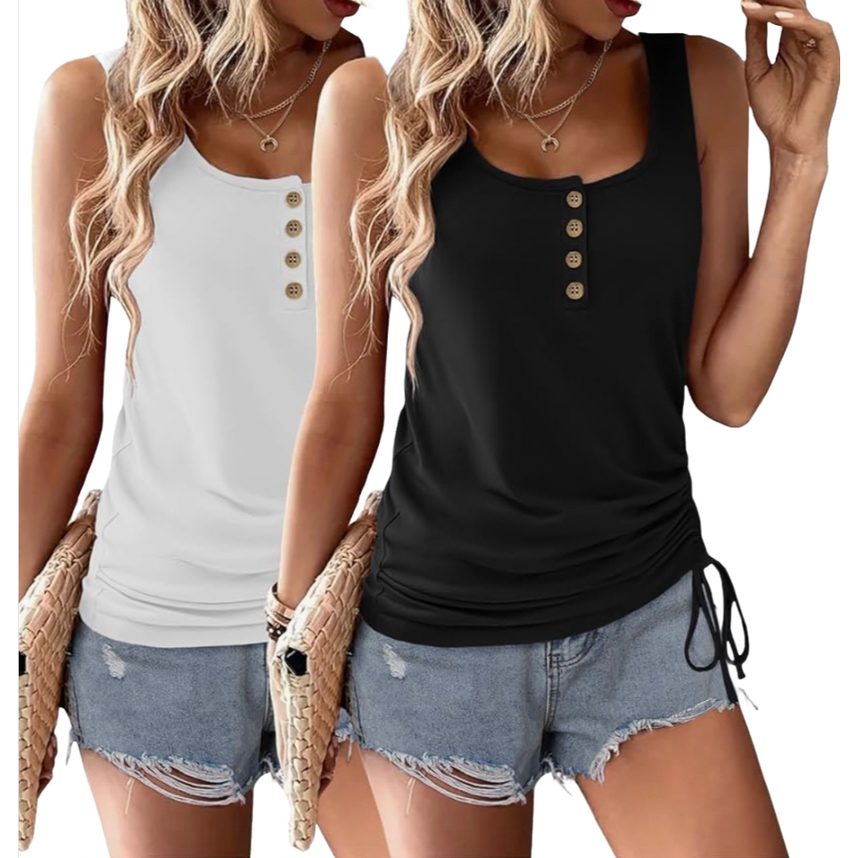 Two tank tops, one white and one black, each with button details down the front. The tops are paired with light blue distressed denim shorts.