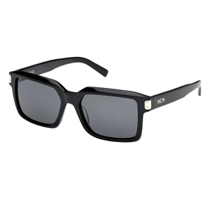 Black rectangular sunglasses with dark lenses and \“MCM\“ branding on the temples.