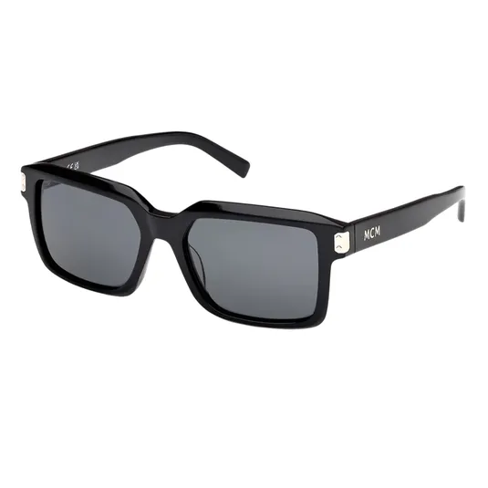 Black rectangular sunglasses with dark lenses and \“MCM\“ branding on the temples.