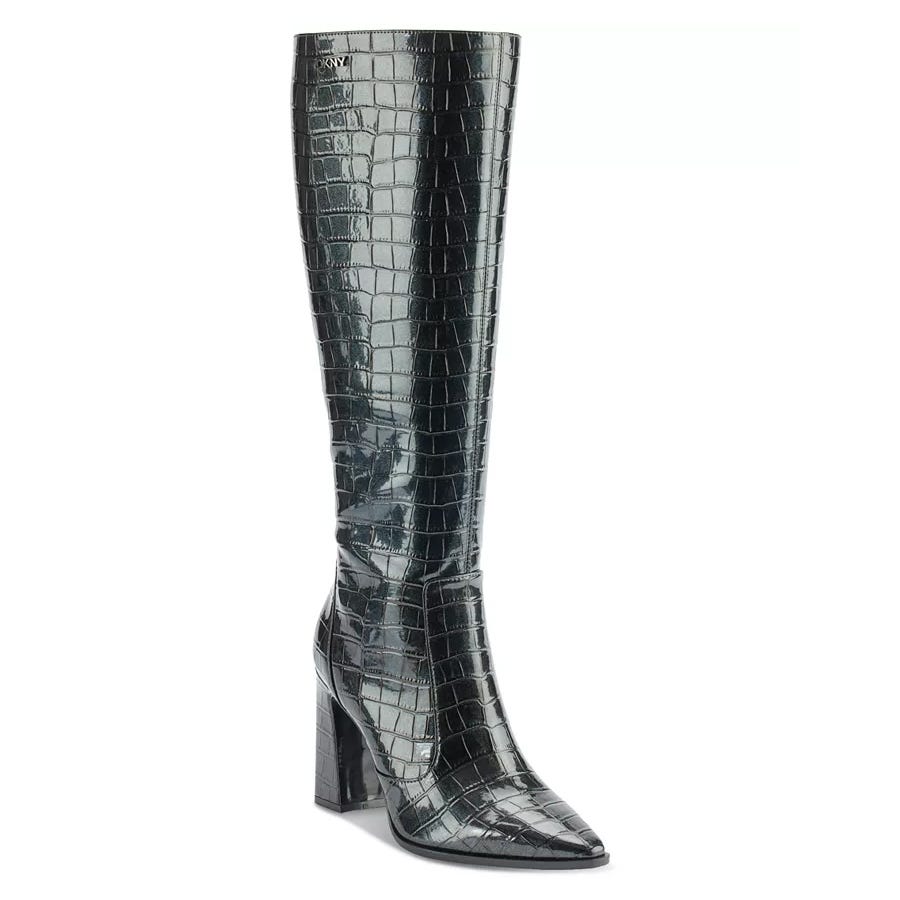 A tall, black crocodile-embossed leather boot with a pointed toe and block heel.