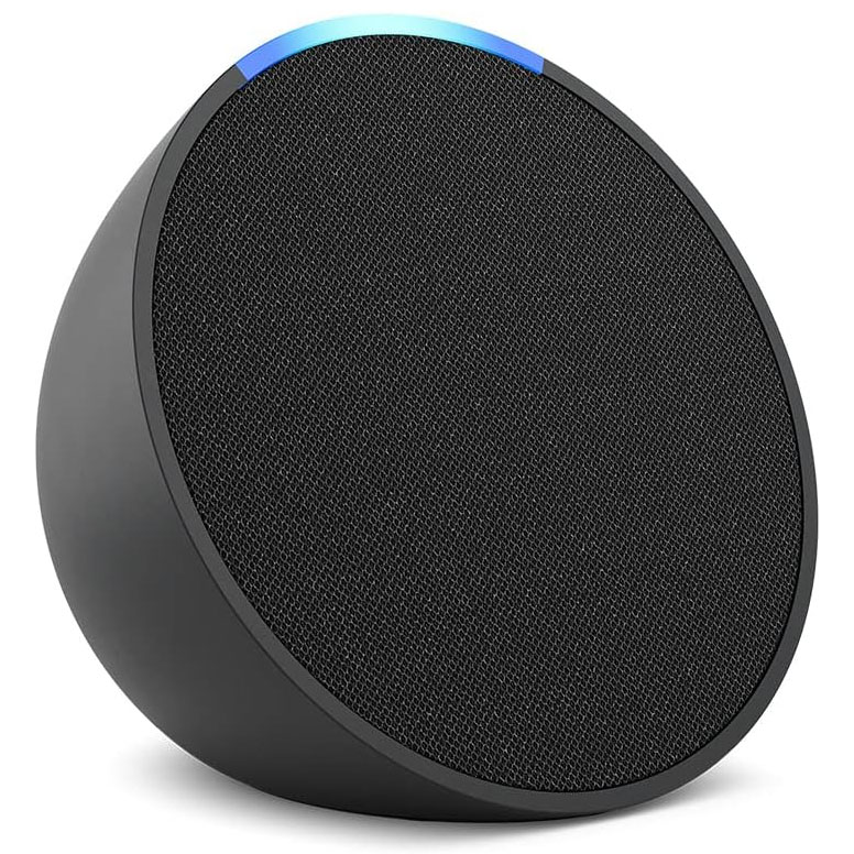 Black round smart speaker with a blue light indicator at the top edge.