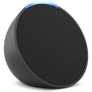 Black round smart speaker with a blue light indicator at the top edge.