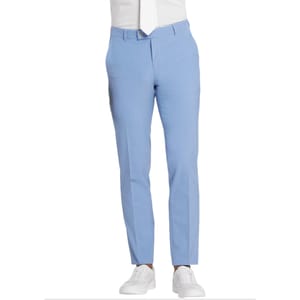 Light blue slim-fit dress pants with belt loops and a concealed front closure, paired with white sneakers.