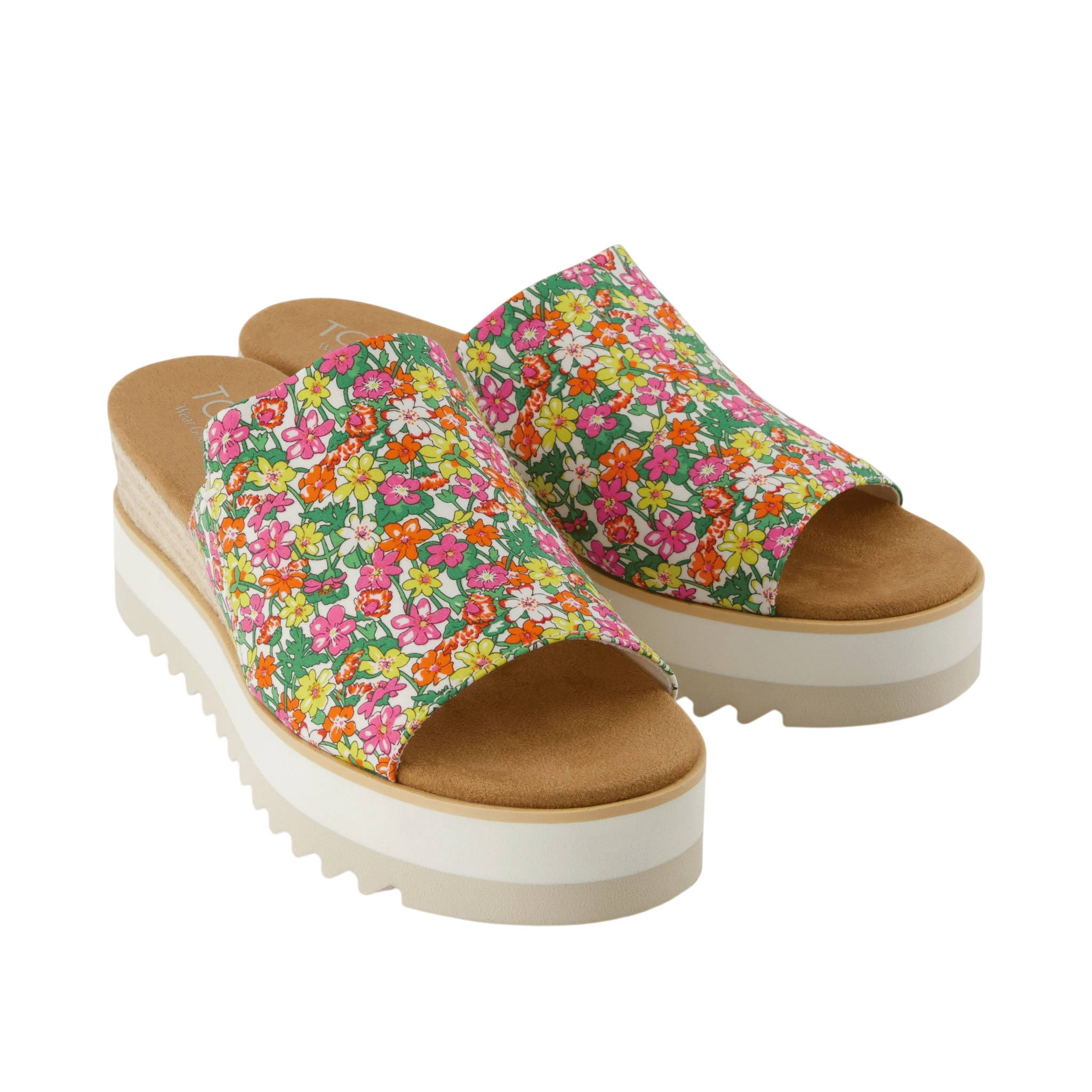 Floral wedge sandals with a multi-colored pattern featuring pink, orange, yellow, and white flowers, complemented by a thick white platform sole.