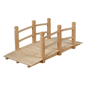 A small wooden garden bridge with railings, featuring a natural finish and decorative posts.