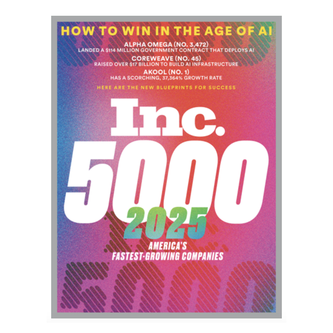 Inc. 5000 cover for 2025 showcasing America's fastest-growing companies, including Alpha Omega, Corewave, and Akool, featuring their achievements and growth rates in the AI industry.