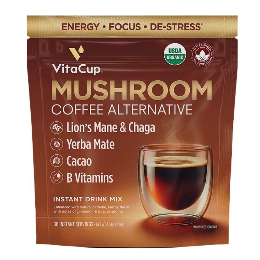 VitaCup Mushroom Coffee Alternative with Lion's Mane, Chaga, Yerba Mate, cacao, and B vitamins, offering energy, focus, and stress reduction. Comes as an instant drink mix in a 4.5 oz (126 g) package for 30 servings, USDA Organic certified.