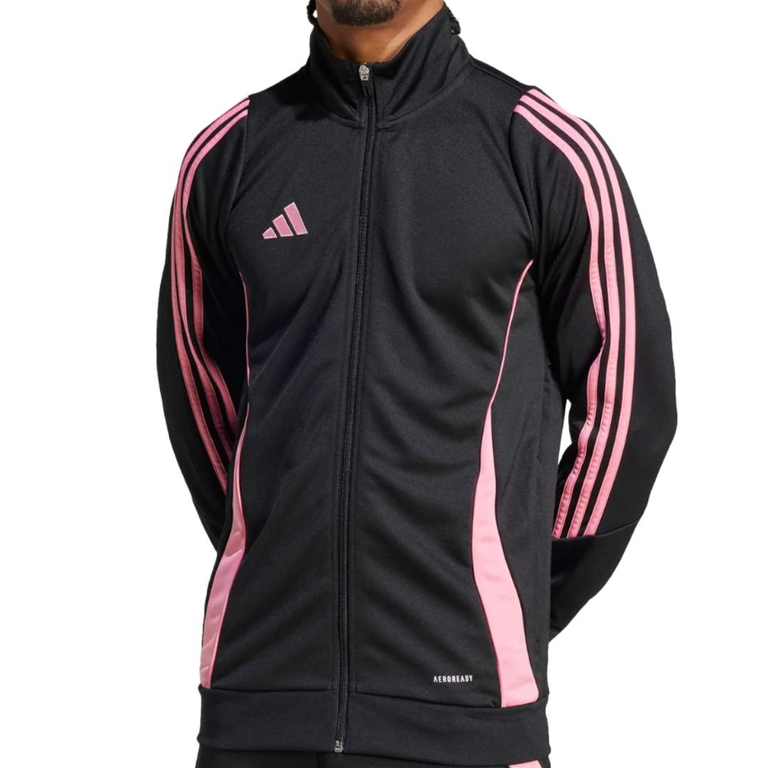 Black Adidas track jacket with pink stripes and logo, featuring a full zip and \“AEROREADY\“ technology.