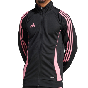 Black Adidas track jacket with pink stripes and logo, featuring a full zip and \“AEROREADY\“ technology.