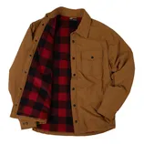 A brown jacket with a red and black checkered lining, displayed flat.