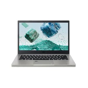 A silver Acer Aspire Vero Green Laptop featuring a display with floating abstract green and blue objects. The laptop emphasizes eco-friendliness in its design.