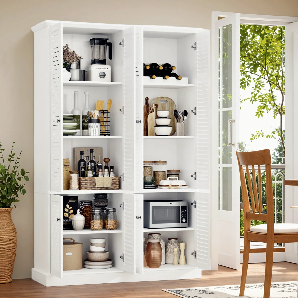 A white kitchen cabinet with open doors revealing shelves holding kitchen appliances, wine bottles, cutting boards, bowls, jars, a microwave, and pantry items, next to an open patio door.