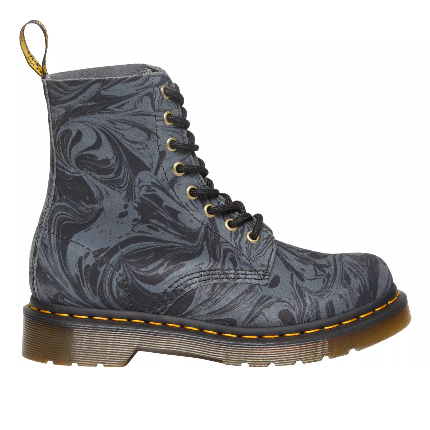 Dr. Martens Pascal Marbled Boots feature a marbled gray and black pattern with classic yellow stitching, black laces, and a pull tab. They have a sturdy, translucent sole typical of Dr. Martens' design.