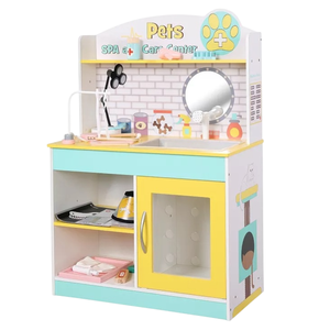 A children's play pet care center featuring a SPA and grooming setup with accessory shelves, a small mirror, and decorative details.