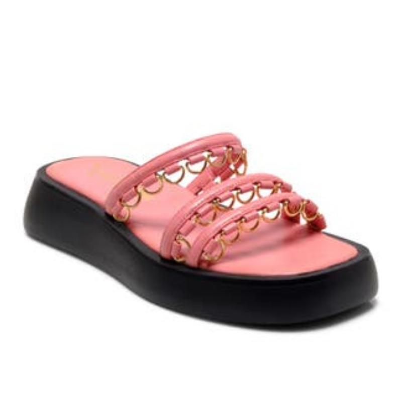 Pink platform sandals with black soles feature three straps adorned with gold chain details.
