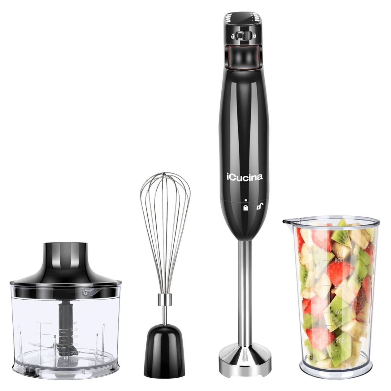 iCucina immersion blender set with detachable shaft, whisk attachment, chopper bowl, and measuring cup with fruit.