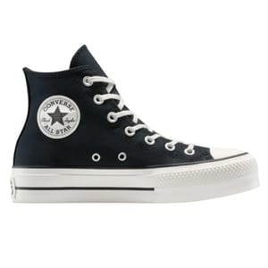 A black high-top Converse Chuck Taylor All Star sneaker with a white rubber sole and toe cap, featuring white laces and the signature circular logo patch on the side.