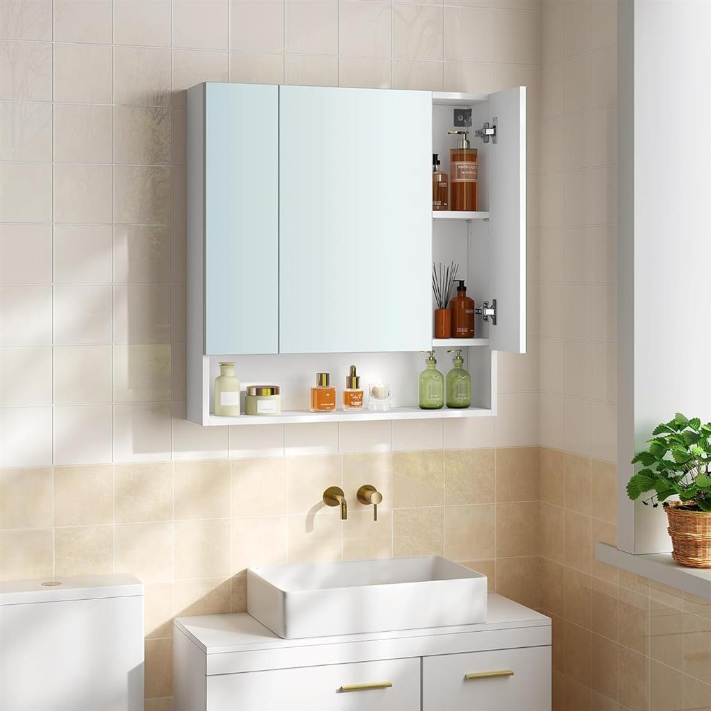 A wall-mounted bathroom mirror cabinet with two mirrored doors, interior shelves, and an under-cabinet shelf. The cabinet is white with a modern design.