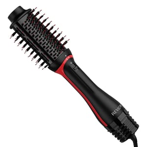 A cylindrical hairbrush with bristles and a black and red handle that doubles as a hairdryer, designed to style and dry hair simultaneously.