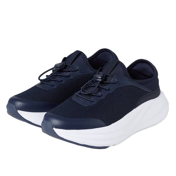 Navy blue slip-on sneakers with a mesh upper and white cushioned sole, featuring elastic toggle laces for easy adjustment.