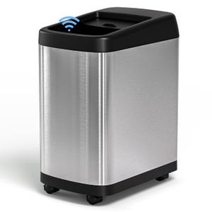 A stainless steel motion-sensor trash can with a black lid, featuring a wireless signal icon, indicating it has an automatic opening mechanism. It is equipped with wheels for easy mobility.