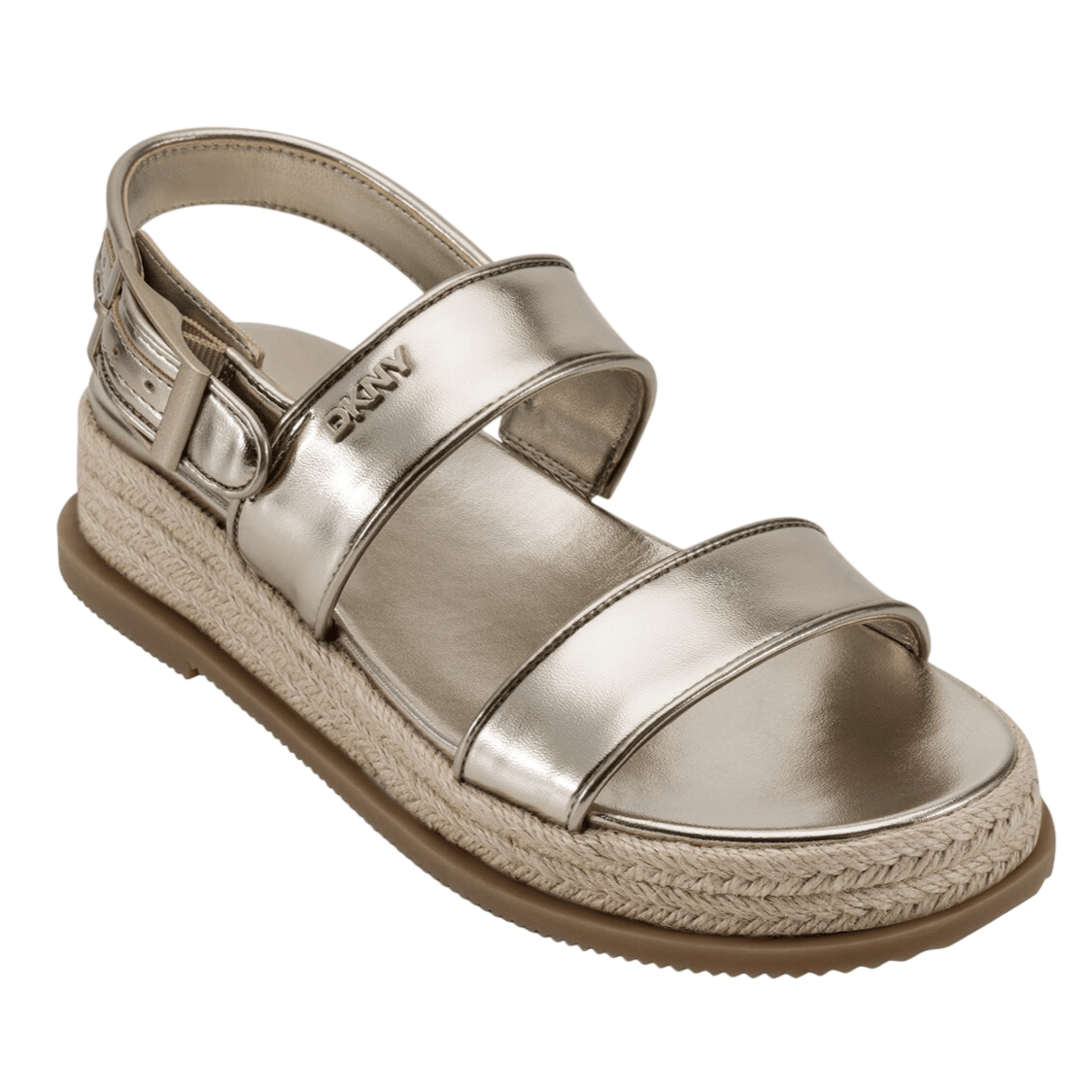 Metallic sandal with a double strap design, adjustable buckle, and espadrille-style platform sole. Features \“DKNY\“ logo on the side.