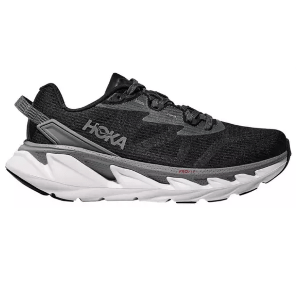 Hoka running shoe in black and gray featuring a thick, white midsole with \“PROFLY\“ technology.