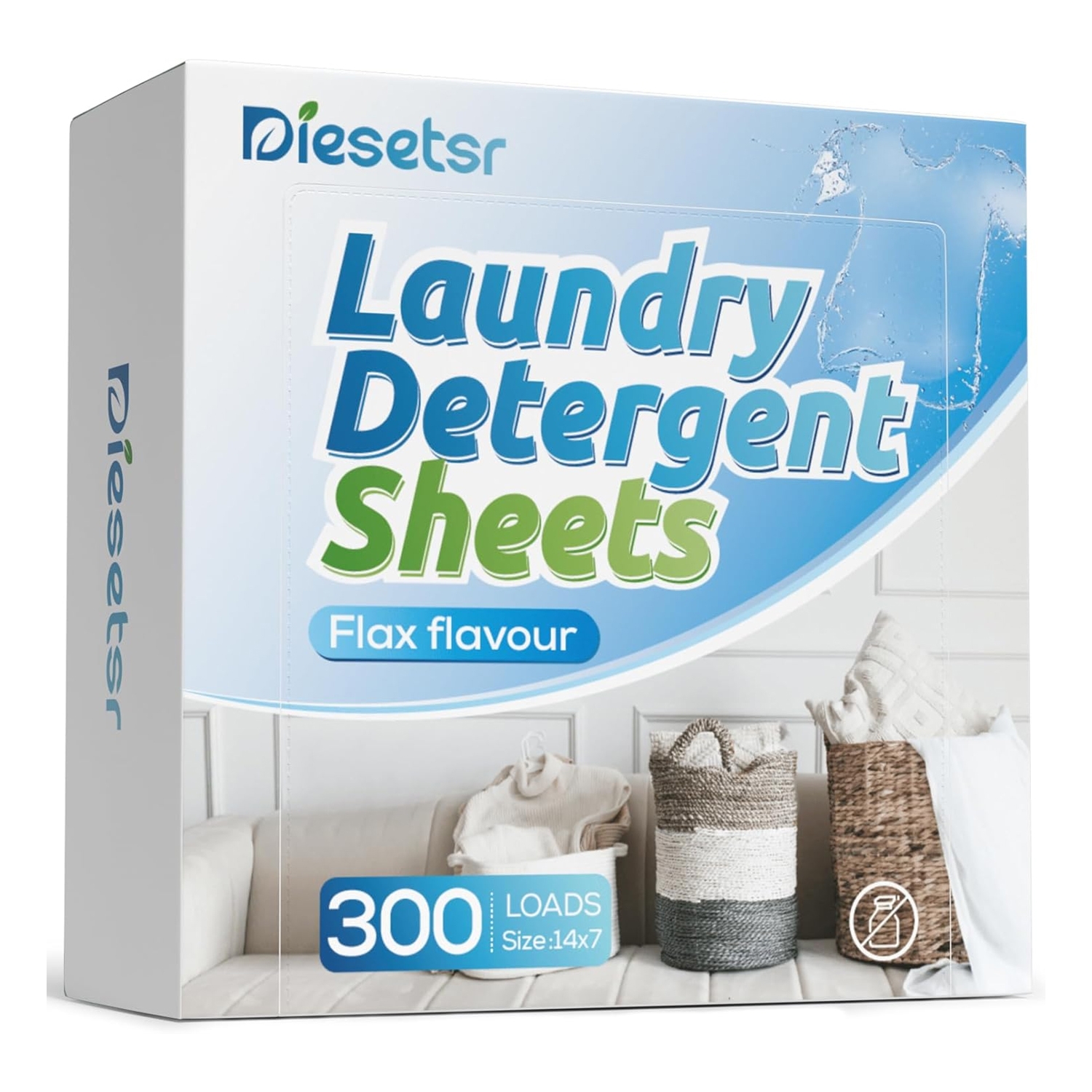 Diesetsr Laundry Detergent Sheets offer 300 loads with a flax scent, featuring a size of 14x7. The packaging showcases a cozy laundry room scene with baskets and garments.