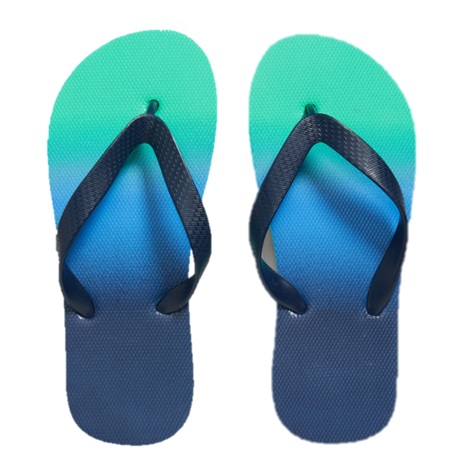 Pair of flip-flops featuring a gradient from turquoise to blue with dark blue straps.