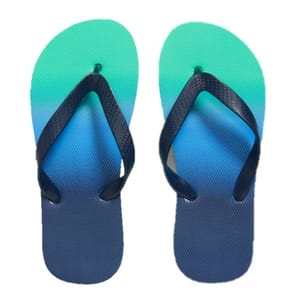Pair of flip-flops featuring a gradient from turquoise to blue with dark blue straps.
