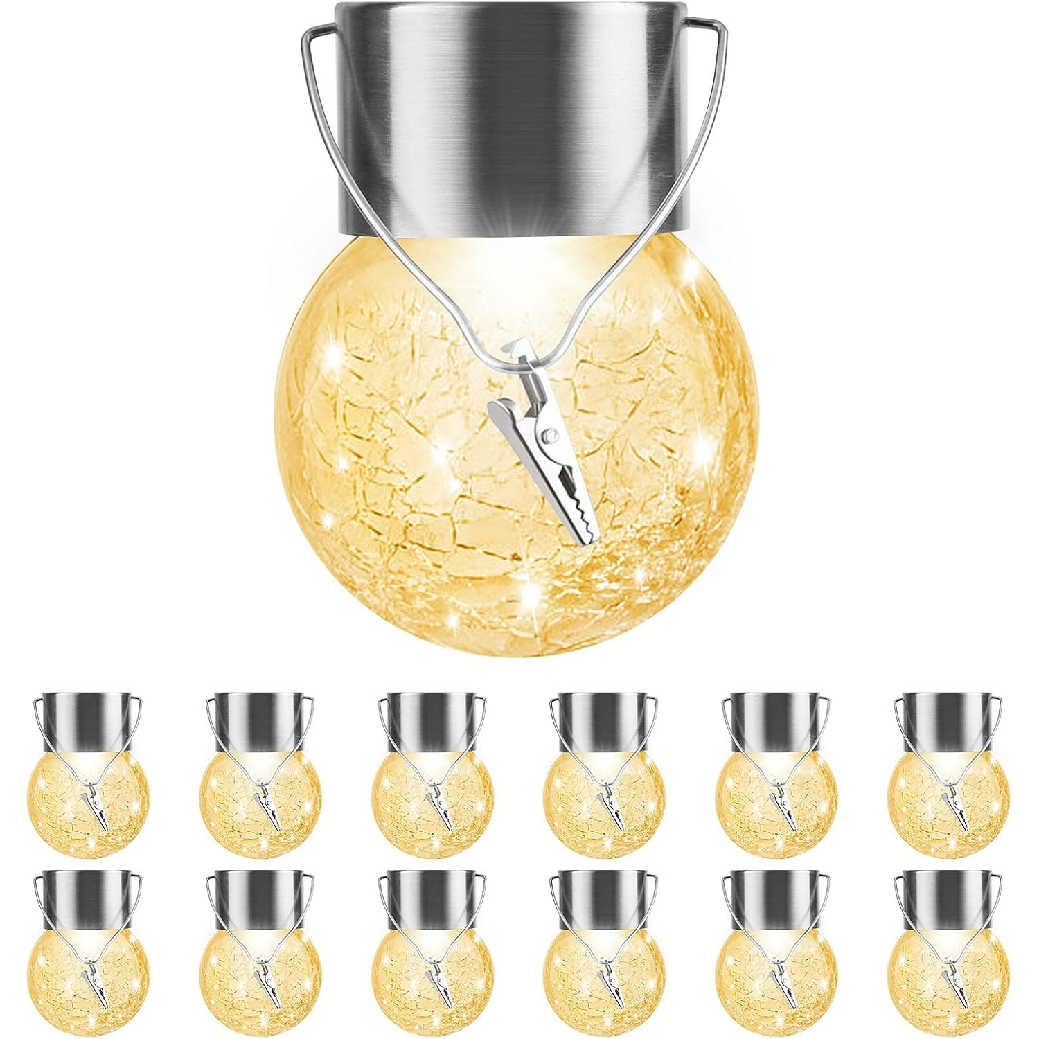 12-pack of hanging solar-powered LED crackle glass globe lights with metal tops, emitting a warm white glow. Includes clips for easy attachment. Suitable for outdoor use.