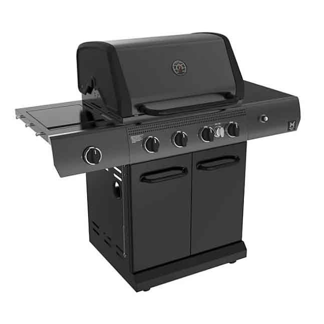 Black 5-burner propane gas grill with a built-in thermometer, side burner, and two-door storage cabinet. Features five control knobs and metal side shelves for convenience.