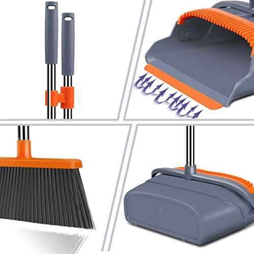 A broom with adjustable handle segments and a dustpan with a teeth feature for cleaning bristles are depicted. The set is in gray with orange accents.