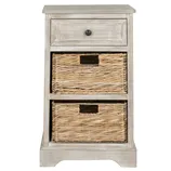 A light-colored wooden bedside table features one drawer with a round knob and two woven baskets underneath for storage.