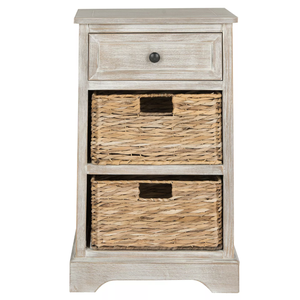 A light-colored wooden bedside table features one drawer with a round knob and two woven baskets underneath for storage.