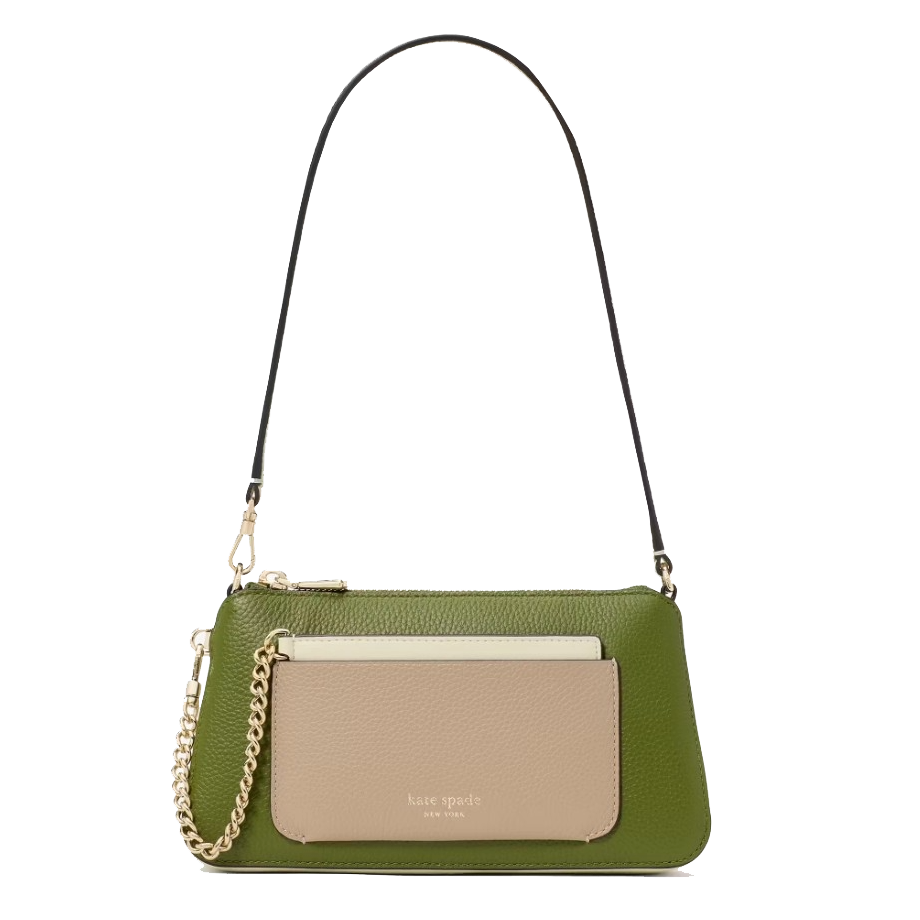 A green leather shoulder bag with a beige front pocket featuring a gold chain detail and a detachable strap.