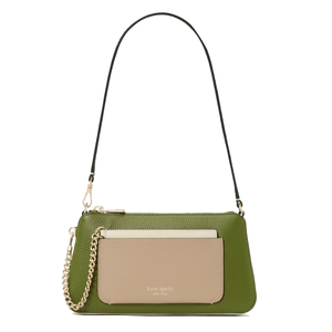 A green leather shoulder bag with a beige front pocket featuring a gold chain detail and a detachable strap.