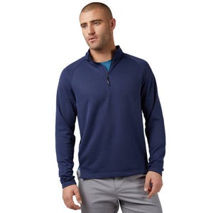 Men’s navy blue quarter-zip top by 32 Degrees with long sleeves and a ribbed texture, paired with gray trousers.