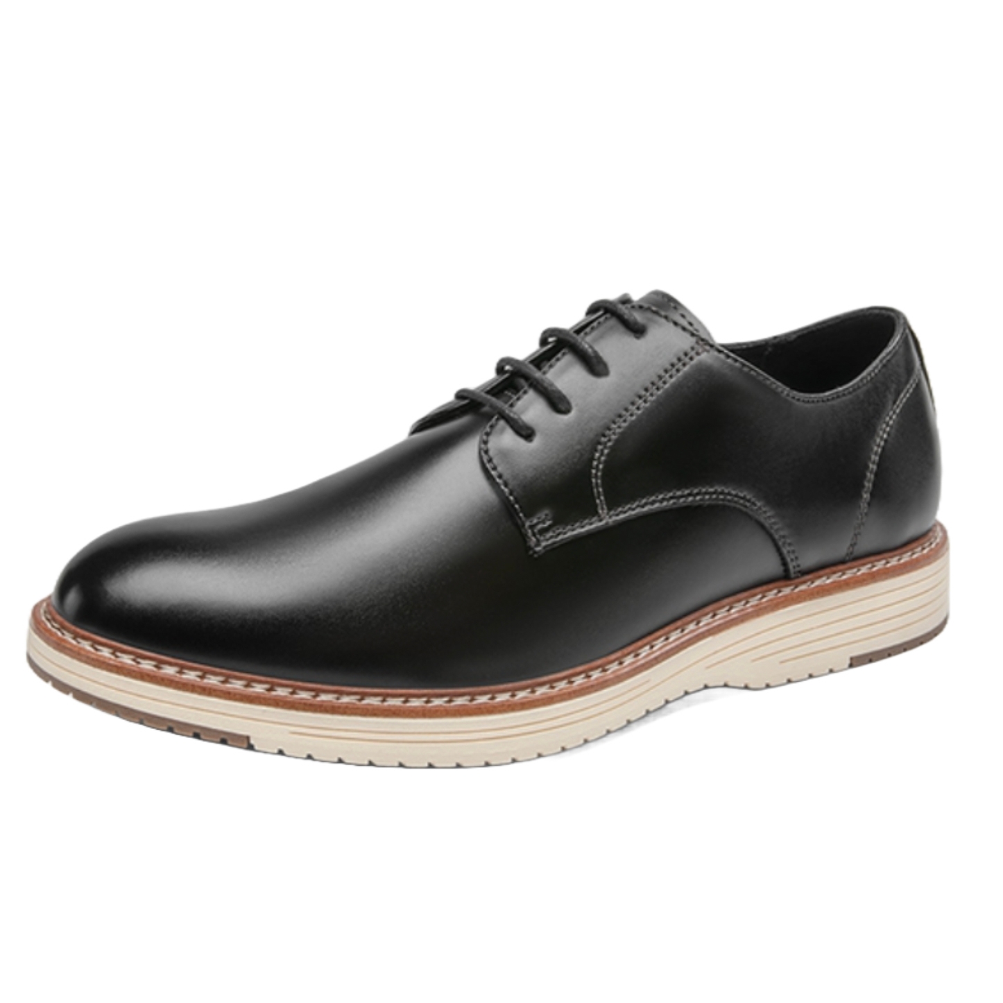 Black leather Oxford shoes with a lace-up front, featuring a contrasting tan and white layered sole.
