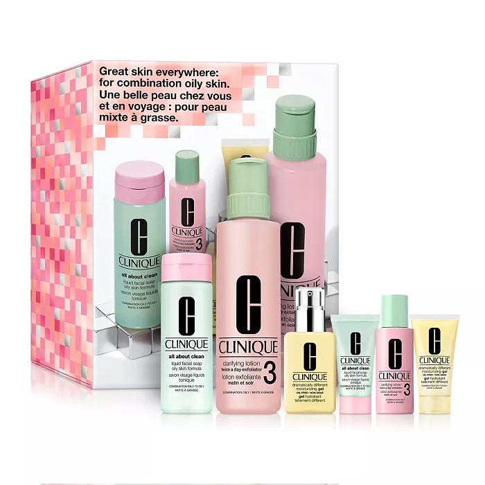The 6-piece Clinique skincare set for combination oily skin includes a liquid facial soap, clarifying lotion, dramatically different moisturizing gel, two travel-size soaps, and a lotion. The packaging highlights the product's suitability for combination oily skin.