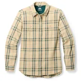 A beige and teal plaid long-sleeve button-up shirt with a collared neckline and two chest pockets.