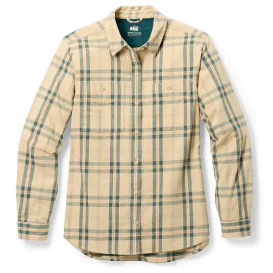 A beige and teal plaid long-sleeve button-up shirt with a collared neckline and two chest pockets.