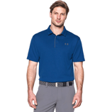 A man is wearing a blue Under Armour polo shirt, light gray trousers, and black shoes, complemented by a dark patterned belt.