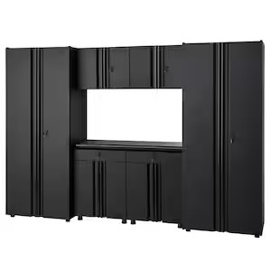 A modular black storage cabinet system with multiple compartments, ideal for garages or workshops. It features tall side cabinets, a central counter space, and wall-mounted cupboards for organized storage.